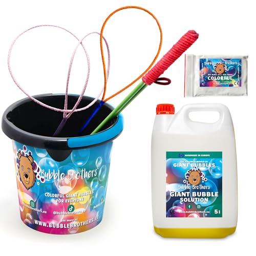 Bubble Brothers Riesenseifenblasen Set für Kinder 6 Teiliges 3 Seifenblasenstäbe 10 Liter (5+5) Seifenblasenflüssigkeit und Bubble Eimer Seifenblasen Set für Kindergeburtstag Hochzeit Seifenblasenstab von Bubble Brothers