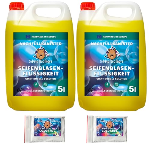 Bubble Brothers Seifenblasenflüssigkeit 5 Liter für Riesenseifenblasen und Normale Seifenblasen Nachfüllflasche 5l unplatzbare XXL Bunte Seifenblasen Seifenblasenlösung (2 x 5 Liter + 2 Pulver) von Bubble Brothers