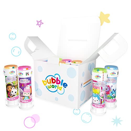 Bubble World - GABBY'S Party Pack - 12 Flaschen Blasen - 60 ml - Einfarbige Tuben und integriertes Gebläse - Perfekt für Geburtstagsfeiern für Ihr Kind und Seine Freunde - Made in Italy von Bubble World