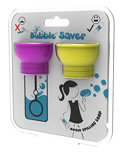 BubbleSaver - Wiederverwendbare Abdeckung für Kinder-Seifenblasen - Loch für Zauberstab schließt, um die Flüssigkeit in der Flasche zu halten - Für Party & Spiele - 2er-Pack (Farbe Gelb/Rosa) von BubbleSaver