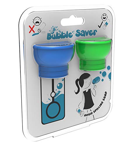 BubbleSaver - Wiederverwendbare Abdeckung für Kinder-Seifenblasen - Loch für Zauberstab schließt, um die Flüssigkeit in der Flasche zu halten - Für Party & Spiele - 2er-Pack (Farbe Grün/Blau) von BubbleSaver