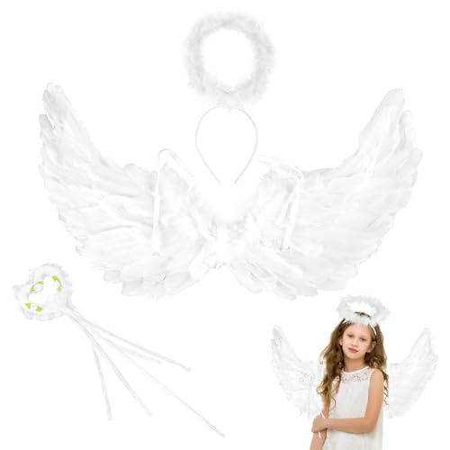 Engelsflügel Weiß, 3 Stück Engel Kostüm mit Zauberstab und Heiligenschein, 60CM Engel Flügel Kostüm Damen für Karneval Cosplay Party Fasching Kostüme Deko von Bubuny