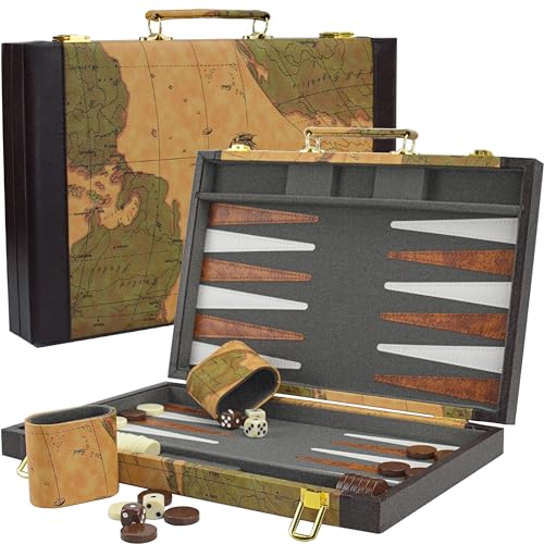 15' Backgammon aus Kunstleder mit Digitaldruck Weltkarte (Weltkartendesign) von Bucher&Rossini