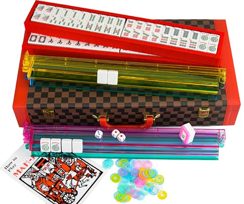 Bucher&Rossini American Mahjong Set, 166 Weiße Gravierte Spielsteine, 4 Spielständer mit Schiebern, Rotes Premium Schachbrett-Design Gehäuse Bucher&Rossini American Mahjong Set, 166 Weiße Gravierte Spielsteine, 4 Spielständer mit Schiebern, Rotes Premium Schachbrett-Design Gehäuse von Bucher&Rossini