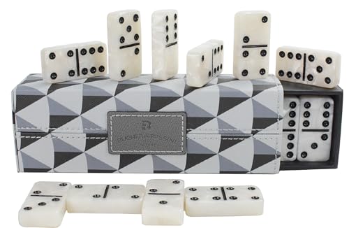 Bucher&Rossini Dominospiel für Erwachsene Doppelsechs 28 Steine weiß marmoriert Dominospiel für Erwachsene Kinder Klassisches Domino-Reisespiel mit Lederetui（weiß von Bucher&Rossini