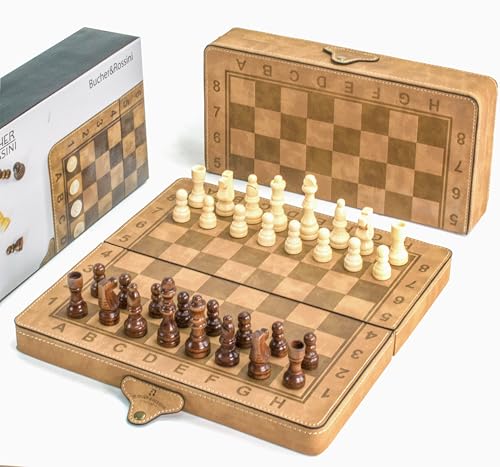 Faltbares magnetisches Schachspiel Pu Leder Schach Dame Backgammon Spiel Holz Schachbrett für Erwachsene Kinder (12 Zoll) von Bucher&Rossini