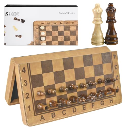 Faltbares magnetisches Schachspiel Pu Leder Schach Dame Backgammon Spiel Holz Schachbrett für Erwachsene Kinder (12 Zoll) von Bucher&Rossini