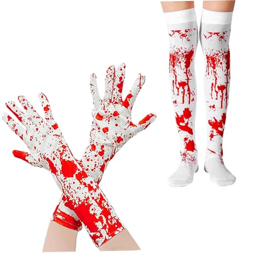 Blutige Socken, blutiges Halloween -Kostüm 1 Paar realistische blutige Handschuhe und 1 Paar blutige Socken gefärbte Blut Halloween -Handschuhe Frauen Mädchen über Kniestocking für Killer Cosplay, Ha Blutige Socken, blutiges Halloween -Kostüm 1 Paar realistische blutige Handschuhe und 1 Paar blutige Socken gefärbte Blut Halloween -Handschuhe Frauen Mädchen über Kniestocking für Killer Cosplay, Ha von Budstfee