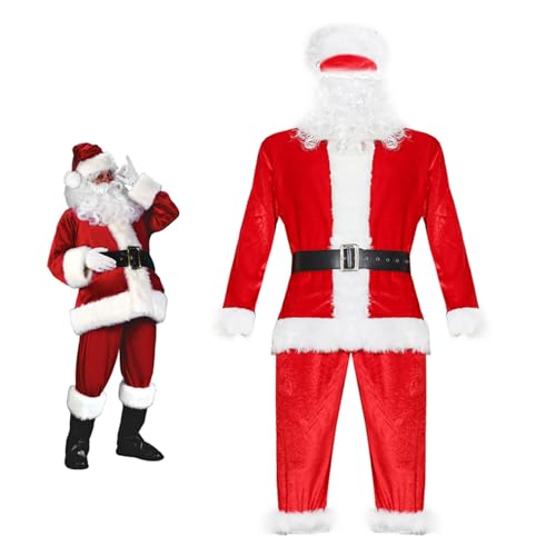 Budstfee Männer Santa Claus Outfit, 5pcs Weihnachts -Cosplay -Kostüm, weißer Barthut -Top -Hose Gürtel, Rot- und Weiß -XMAS -Partykleidung für Männer (Größe L) von Budstfee