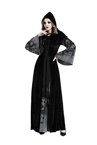 Buen Don Damen Hexen Kostüm, Halloween Cosplay Zombie Kostüm Hexe Mit Kapuze Robe (L) von Buen Don