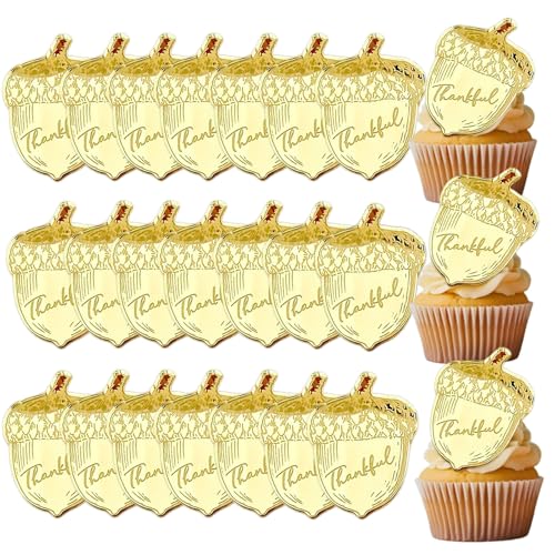 20 Stück Happy Thanksgiving Cake Topper Tannenzapfen Cupcake Topper Acryl Spiegel Scheibe Herbst Kuchen Dekoration von Bufeti