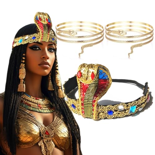 Ägyptische Kostüm-Accessoires, goldfarbene Schlange, Kopfschmuck, griechische Göttin, Stirnband, Schmuck, Perlen, ägyptische Prinzessin, Kopfbedeckung mit Metallschlange, Armstulpen für Damen Ägyptische Kostüm-Accessoires, goldfarbene Schlange, Kopfschmuck, griechische Göttin, Stirnband, Schmuck, Perlen, ägyptische Prinzessin, Kopfbedeckung mit Metallschlange, Armstulpen für Damen von Bufeti