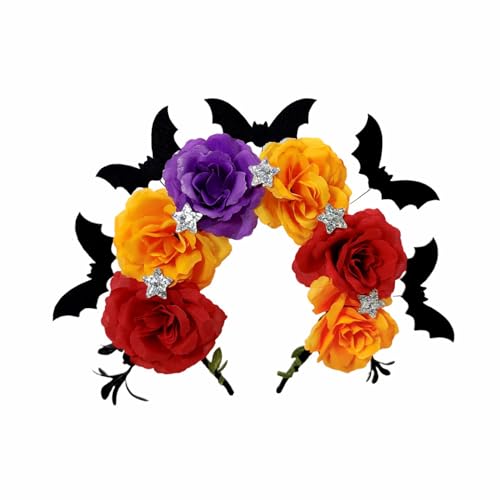Bufeti Mexikanisches Blumen-Stirnband für Damen, Tag der Toten, Blumenkrone, Fledermaus-Kopfschmuck, Zubehör für Halloween, Party, Kostüm, Cosplay, Kopfbedeckung (Orange, M) von Bufeti