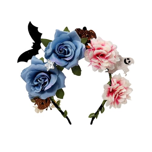 Bufeti Mexikanisches Blumen-Stirnband für Damen, Tag der Toten, Blumenkrone, Fledermaus-Kopfschmuck, Zubehör für Halloween-Kostüm, Kopfbedeckung, Blau, Medium Bufeti Mexikanisches Blumen-Stirnband für Damen, Tag der Toten, Blumenkrone, Fledermaus-Kopfschmuck, Zubehör für Halloween-Kostüm, Kopfbedeckung, Blau, Medium von Bufeti