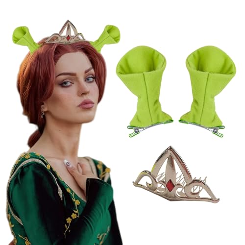 Bufeti Prinzessinnenkrone und Ogergrüne Ohren, Haarspangen, Kopfschmuck für Damen und Mädchen, Halloween-Party, Verkleidung, Cosplay-Kostüm, Goldene Krone und grünes Ohr, Medium von Bufeti