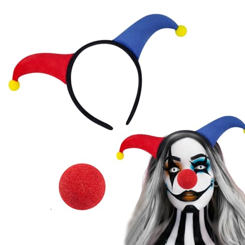 Clown Kostüm Stirnband und Nase Set Lustiges Clown Cosplay Dress Up Kopfbedeckung Haarschmuck für Halloween Karneval Party (Blau Rot, Mittel) von Bufeti