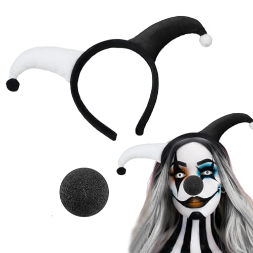 Clown Kostüm Stirnband und Nase Set Lustiges Clown Cosplay Dress Up Kopfbedeckung Haarschmuck für Halloween Karneval Party (Schwarz Weiß, Mittel) von Bufeti