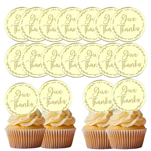 Cupcake-Topper "Happy Thanksgiving Day", rund, mit Gravur, Acryl, Spiegelscheibe, für Herbstkuchendekoration, 20 Stück von Bufeti
