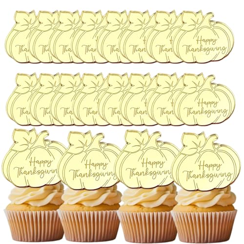 Cupcake-Topper aus Acryl, Motiv: Herbst-Ahornblatt, Kürbis, Spiegelscheibe, gravierte Kuchenspieße für Herbst, Erntedankfest, Kuchendekoration, 20 Stück von Bufeti