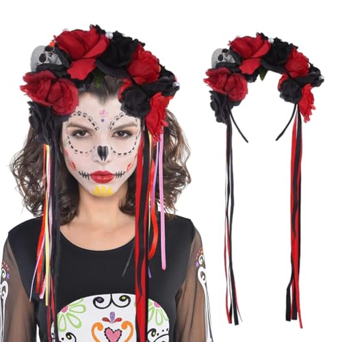 Damen mexikanische Blume Stirnband Tag der Toten Schädel Rose Floral Crown Kopfschmuck für Halloween Kostüm Braut Cosplay (Rot Schwarz, Medium) von Bufeti