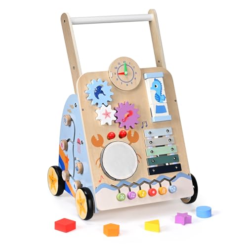 BugyKido Baby Lauflernwagen Holz, 8 in 1 Montessori Baby Walker mit Spielzeug, Lauflernhilfe & Lernspielzeug für Kleinkinder 3 Monate-2 Jahre, Ideales Geschenk von BugyKido