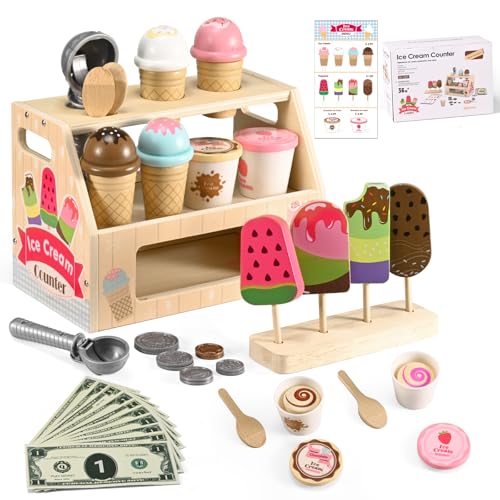Eisdiele aus Holz,44-teilig,Kinderküche Zubehör ab 3 Jahre, Holzspielzeug Spielküche Zubehör, Eisladen Kinder Holz Einkaufsladen, für das Eisdielen-Rollenspiel , Spielgeld inklusive Eisdiele aus Holz,44-teilig,Kinderküche Zubehör ab 3 Jahre, Holzspielzeug Spielküche Zubehör, Eisladen Kinder Holz Einkaufsladen, für das Eisdielen-Rollenspiel , Spielgeld inklusive von BugyKido