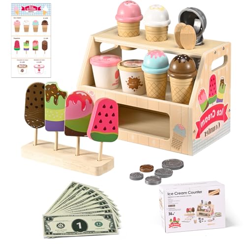 BugyKido Eisdiele Kinder Holz mit 44 Teilen, Eisdiele aus Holz für Kinder ab 3 Jahren, für das Eisdielen-Rollenspiel zum Portionieren, mit Toppings, Spielgeld & Menü, Montessori Spielzeug BugyKido Eisdiele Kinder Holz mit 44 Teilen, Eisdiele aus Holz für Kinder ab 3 Jahren, für das Eisdielen-Rollenspiel zum Portionieren, mit Toppings, Spielgeld & Menü, Montessori Spielzeug von BugyKido