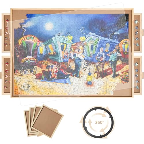 Drehbares Puzzlebrett mit 4 Schubladen, 66 x 88,9 cm, tragbarer Holz-Puzzle-Tisch mit drehbarer Abdeckung von Lazy Susan, für Erwachsene, 1500 Teile von BuilderButler