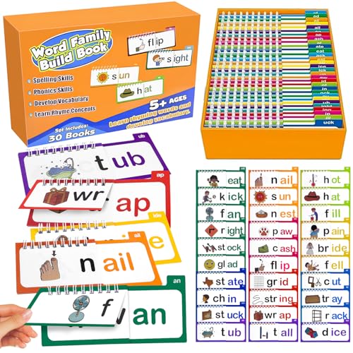 30 Lese- und Reim-Flip-Bücher, Wortfamilien, Buchstabengeräusche, Lernkarten, Lese- und Reimwort, Präfixe Wortfamilien, Sichtwort-Lernkarten, Lesespiele (1) von Bukbas