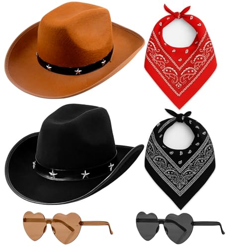 Cowboyhut für Herren und Damen, 6-teiliges Set, Cowboyhüte mit Bandana und Herz-Sonnenbrille, sternbesetzter Cowgirl-Hut, Kostümzubehör für Männer, Frauen, Wilder Westen, Kostümzubehör von Bukbas