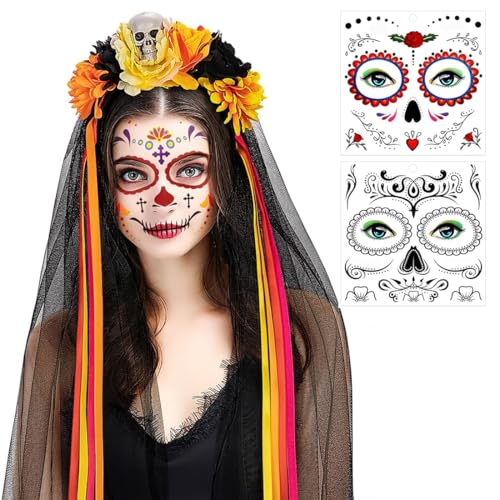 Bukezudang Carnival Headband and Veil Face Tattoo, Women's Dia De Los Muertos, Roses Skull Headband Day of the Dead Hair Accessories Headband Halloween Headpiece Hair Band Halloween Costume Women Bukezudang Carnival Headband and Veil Face Tattoo, Women's Dia De Los Muertos, Roses Skull Headband Day of the Dead Hair Accessories Headband Halloween Headpiece Hair Band Halloween Costume Women von Bukezudang
