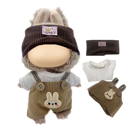 17cm Plüsch Puppenkleidung Set, 3 Stück Puppe Kleidung, Cool T-Shirt, Overall, Strickmütze Kompatibel mit Monster Mini Plüschpuppe, Poupée Kuschelanzug Zubehör (Ohne Puppe), Khaki von Bull Tiger Prestige