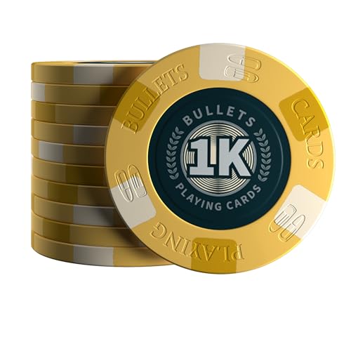 Bullets Playing Cards, 25x Keramik Pokerchip Richie, Wert 1k (1.000), für Pokerset, 10g, 4cm Durchmesser (Gelb) von Bullets Playing Cards