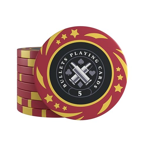 Bullets Playing Cards, 25x Kunststoff Pokerchips Janice für Pokerset, Wert 5, 4cm Durchmesser, Farbe Rot von Bullets Playing Cards