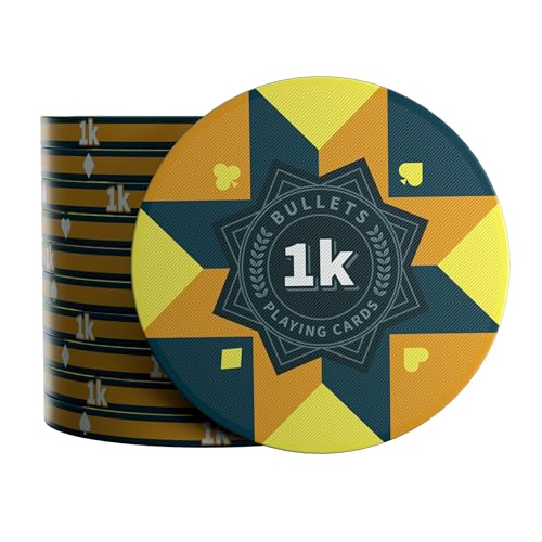 Bullets Playing Cards, Keramik Poker Chips Paulie mit Werten, 25er Rolle (Gelb, 1K) von Bullets Playing Cards