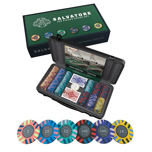 Bullets Playing Cards, Pokerset Salvatore, Pokerkoffer mit 300 Clay Pokerchips mit Werten, inkl. Keramik Dealerbutton und Pokerkarten von Bullets Playing Cards