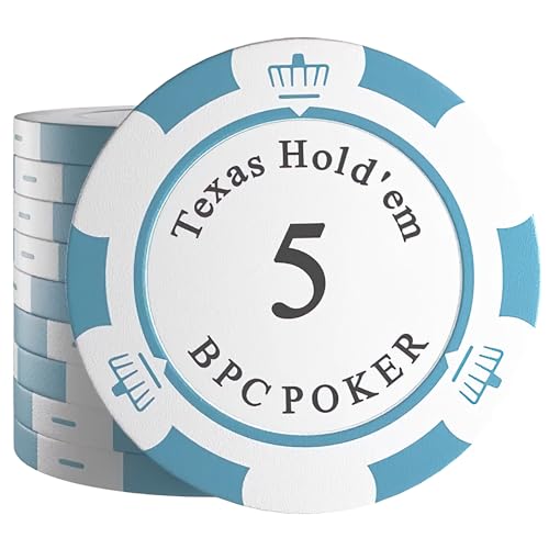 Bullets Playing Cards, 25 Clay Pokerchips Carmela für Pokerset, Wert 5-14g, 4cm Durchmesser, Farbe Weiß/Hellblau… von Bullets Playing Cards