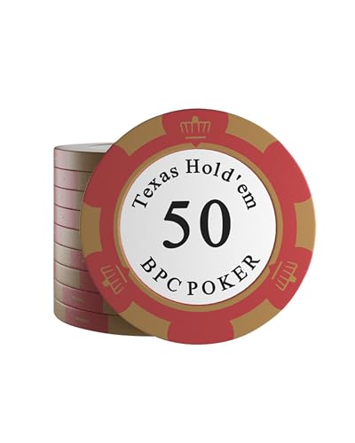 Bullets Playing Cards, 25 Clay Pokerchips Carmela für Pokerset, Wert 50-14g, 4cm Durchmesser, Farbe Rot, Braun… von Bullets Playing Cards