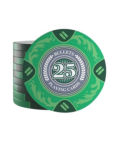 Bullets Playing Cards, 25 Clay Pokerchips Tony für Pokerset, Wert 25-14g, 4cm Durchmesser, Farbe Grün…… von Bullets Playing Cards