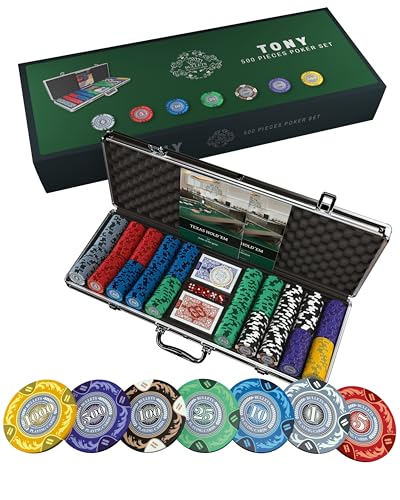 Bullets Playing CardsPokerkoffer Tony - Pokerset mit 500 Clay Pokerchips -inkl. Keramik Dealerbutton, Doppelpack Pokerkarten von Bullets Playing Cards