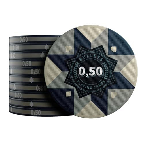 Bullets Playing Cards, Keramik Poker Chips, Paulie mit Werten, 25er Rolle (Sandbraun/Blau (0 von Bullets Playing Cards