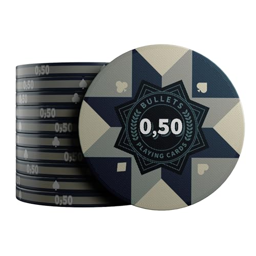 Bullets Playing Cards - Keramik Poker Chips - Paulie mit Werten - 25er Rolle (Sandbraun/Blau (0,5er)) von Bullets Playing Cards