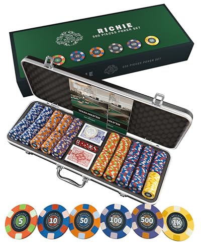 Bullets Playing Cards - Pokerkoffer Richie - Pokerset - mit 500 Keramik Pokerchips mit aufgedruckten Werten - inkl. Keramik Dealerbutton, Doppelpack Pokerkarten von Bullets Playing Cards