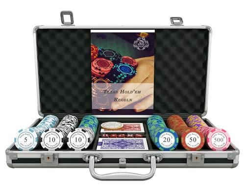 Bullets Playing Cards - Pokerkoffer Carmela - Pokerset mit 300 Clay Pokerchips -inkl. Keramik Dealerbutton, Doppelpack Pokerkarten von Bullets Playing Cards