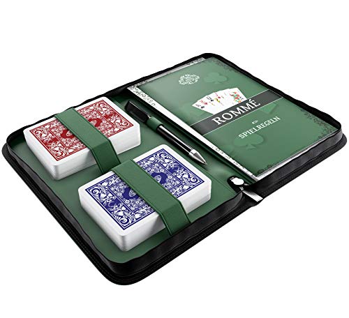 Bullets Playing Cards Rommee Set in Kunstleder Etui, inklusive wasserfeste Plastik Spielkarten, Spielregeln mit 15 Rommé Varianten (de), Kurzregeln, Stift und Block von Bullets Playing Cards