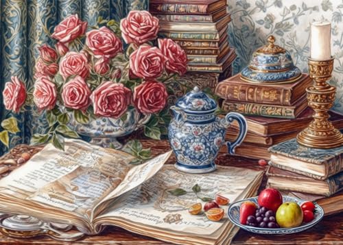 Bullglesup Puzzle für Erwachsene 1000 Teile, Books and Roses mit Poster, Teile Passen Perfekt Ineinander Buchstaben Auf der Rückseite Kein Staub, Geschenk für Ältere Senioren (70 x 50cm) von Bullglesup