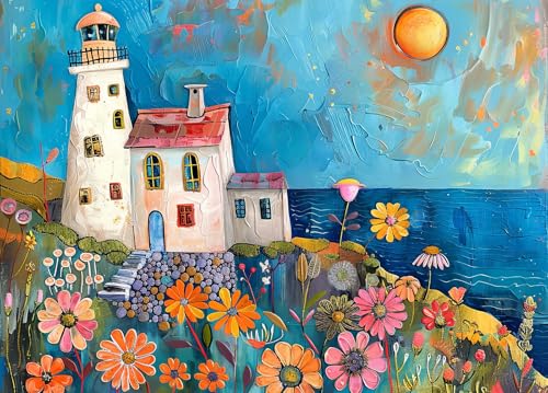 Bullglesup Puzzle für Erwachsene 1000 Teile, Painting Lighthouse mit Poster, Teile Passen Perfekt Ineinander Buchstaben Auf der Rückseite Kein Staub, Geschenk für Ältere Senioren (70 x 50cm) von Bullglesup
