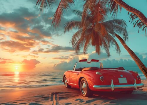 Bullglesup Puzzles für Erwachsene, 1000 Teile, Auto am Strand, Puzzle mit Posterbuchstaben auf der Rückseite, einzigartige Teile passen gut, staubfrei (69,8 x 49,8 cm) von Bullglesup