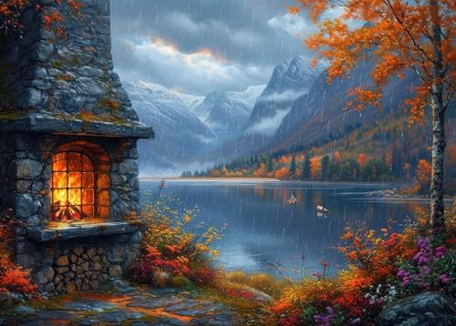 Bullglesup Puzzles für Erwachsene, 1000 Teile, Kamin im Herbst, Puzzle mit Posterbuchstaben auf der Rückseite, einzigartige Teile passen gut, staubfrei (69,8 x 49,8 cm) von Bullglesup