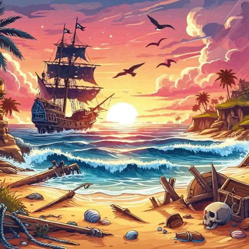 Bullglesup Puzzles für Erwachsene, 1024 Teile, Piratenschiff mit Schmetterlingen, Puzzle mit Posterbuchstaben auf der Rückseite, einzigartige Teile passen gut, kein Staub (59,9 x 45 cm) von Bullglesup